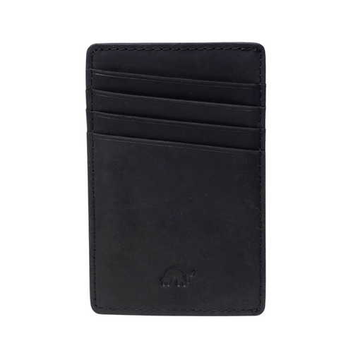 Black leather cardholder with multiple slots and an embossed bull logo